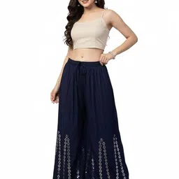 Thrifty Thread Women Ethnic Motifs Embroidered Mirror Work Flared Palazzos-image-80