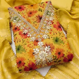 BlissFlair Floral Embroidered Sequinned Chanderi Silk Unstitched Dress Material image 3