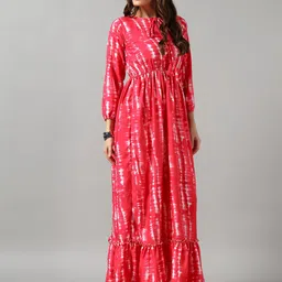 Femvy Dyed Tie-Up Neck Gathered or Pleated Casual A-Line Maxi Dress-image-2