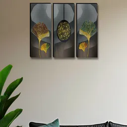SAF Grey & Yellow 3 Pieces Abstract Synthetic Wood Wall Paintings-picture-10