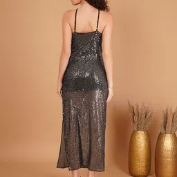 DODO & MOA Luxe Collection Women Embellished Sequined Halter Neck Slits Sheath Maxi Dress image 3