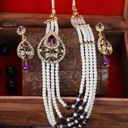 ANIKAS CREATION Gold-Plated Stone Studded One Sided Broach Multi String Jewellery Set-picture-38
