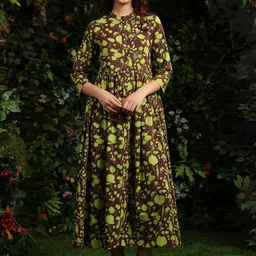 Anayna Women Floral Printed Cotton Mandarin Collar Maxi Ethnic Dresses-picture-42