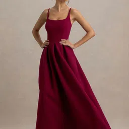 Moda Rapido Women Solid Shoulder Straps Crepe Fit And Flare Maxi Dress-image-3