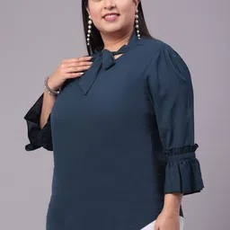 Style Quotient Plus Tie-Up Neck Flared Sleeve Ruffles Crepe Top image 4