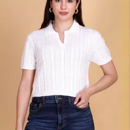 Dzant Women Self Design Polo Neck Half Sleeve Crop Top-image-2