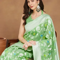 Janasya Linen Blend Geometric Woven Design Jacquard Saree with Blouse Piece-image-62