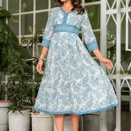 KALINI Paisley Printed A-Line Cotton Ethnic Dress image 3