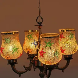 Somil Antique 4-Light Chandelier with Mosaic Glass Shades, Multicolour Lighting Effect, Metal Fitting. LED Compatible. Dia: 48 X 48 X 100 Cm.-picture-18
