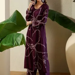 Indo Era Women Floral Printed Regular Thread Work Kurta with Trousers-picture-31