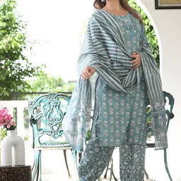 WILL BOTTOM Women Floral Printed Cotton Kurta with Salwar & Dupatta image 4