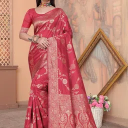 VASTRAAVEDAA Ethnic Motifs Woven Design Zari Banarasi Saree with Blouse Piece-picture-13