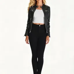 HERE&NOW Women Stand Collar Solid Leather Jacket-picture-18