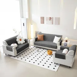 Fashion Throw Grey Checked Velvet 3 Piece Sofa Cover With Arms-image-15