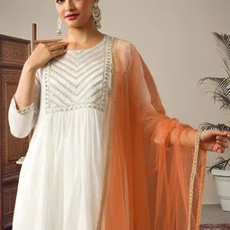 HERE&NOW Women Ethnic Motifs Embroidered Empire Sequinned Chanderi Cotton Kurta with Trousers & With Dupatta image 4