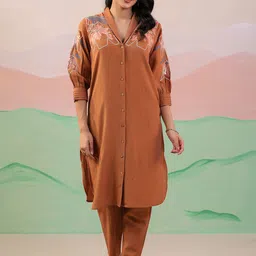 MISRI Floral Yoke Design Shawl Collar Thread Work Pure Cotton Kurta with Trousers-image-55