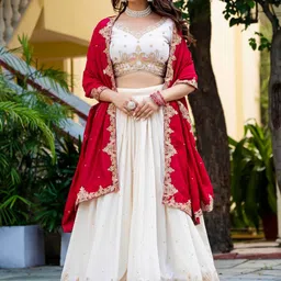 JIHU CULTURE Embroidered Thread Work Semi-Stitched Lehenga & Blouse With Dupatta image 5