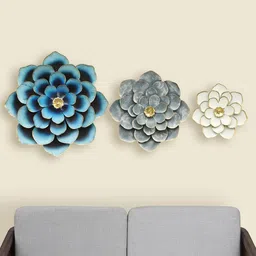 vedas Mystic Indiana Blue & Grey 3 Pieces Textured Metal Veda Floral Wall Decors-image-11
