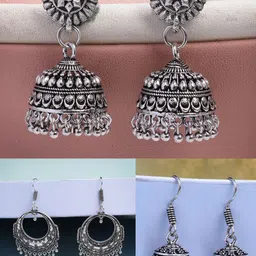 Anouk Set of 3 German Silver Plated Artificial Beads Oxidised Dome Shaped Jhumkas-picture-12