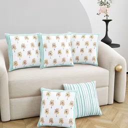 BLOCKS OF INDIA Green & White Set of 5 Ethnic Motifs Square Cushion Covers image 3