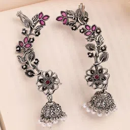 KARATCART Silver-Plated Floral Shaped Stones Studded Oxidised Ear Cuffs-picture-39