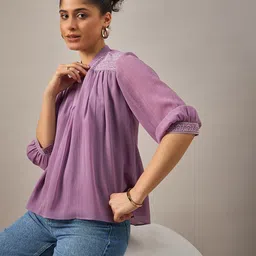 The Roadster Lifestyle Co Women Embroidered Mandarin Collar Tops image 1