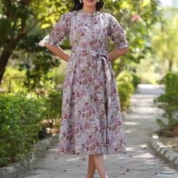 Janasya Floral Print A-Line Midi Dress image 4