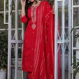 SWEETPEL Women Ethnic Motifs Embroidered Thread Work Kurta with Trousers & With Dupatta image 3