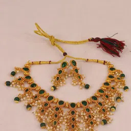 Swarajshop Gold-Plated Stone-Studded & Pearl Beaded Jewellery Set-picture-21