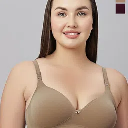 KAVYA Women Pack of 2 Maroon & Nude Cotton Full Coverage T-shirt Bra-image-81