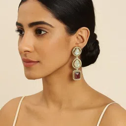 TJC Gold-Plated Artificial Stones Studded Square Shaped Drop Earrings image 3