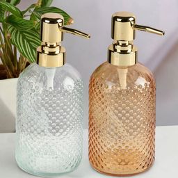 Kookee Transparent & Orange 2 Pieces Textured Glass Soap Dispenser-picture-18