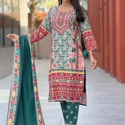 BINDUDI Floral Printed V-Neck Mirror Work Linen Straight Kurta With Trousers & Dupatta image 2