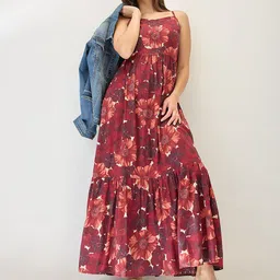 Globus Floral Printed V-Neck Strappy Sleeves Tiered Fit & Flare Maxi Dress-image-34