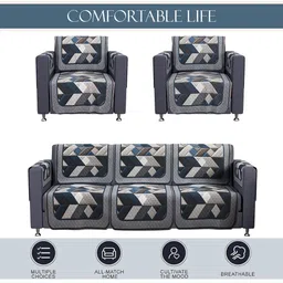 Aura Grey & White 16 Pieces Geometric Printed 5 Seater Velvet Sofa Covers With Arm Covers image 5