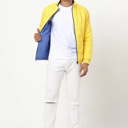 Bewakoof Men Blue& Yellow Solid Reversible Padded Jacket image 3