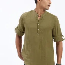 SHOWOFF Mandarin Collar Roll-Up Sleeves Straight Kurta-picture-42