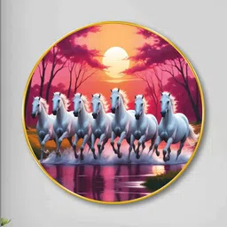 Livin'luxe Pink & White 7 Running Horses Wall Hallway Round Painting Wall Art 23" x 23" image 3
