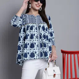 Roly Poly Geometric Print Flared Sleeve Ethnic Cotton Top-picture-11