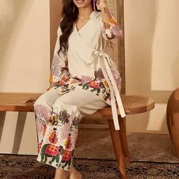 HERE&NOW Printed Pure Cotton V-Neck Tunic & Trousers Co-Ords image 3