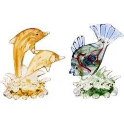 1ST TIME Yellow Glass Glossy Bedroom Fish & Dolphin 2 Pieces Medium Showpieces-image-1