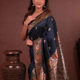 KALINI Navy Blue Woven Design Silk Blend Sarees image 4