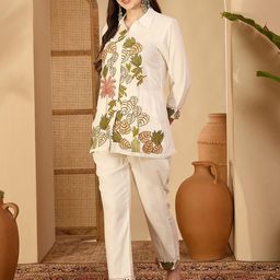 Sangria Women Off White Embroidered Shirt Collar Top With Straight Fit Slip On Trouser-picture-3