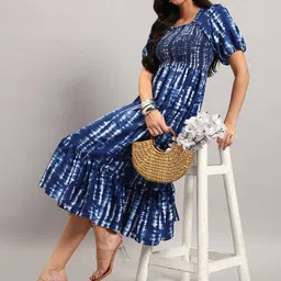 Femvy Tie and Dye Dyed Puff Sleeve Crepe Fit & Flare Midi Dress-image-5
