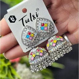 tulsi imitation Artificial Studded & Ghungroo Beaded Oxidised Dome Shaped Jhumkas image 1