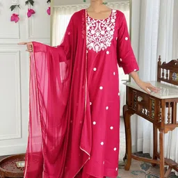 SZN Women Ethnic Motifs Embroidered Regular Thread Work Kurta with Palazzos & With Dupatta image 4