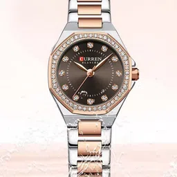Curren Women Brass Embellished Dial & Stainless Steel Bracelet Style Straps Analogue Watch CR-9100-TT-Brown-picture-33
