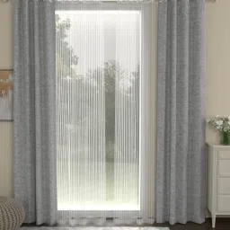 White & Grey Polycotton Semisheer 7 Feet Eyelet Curtain (Set of 4) by ROSARAHOME image 1