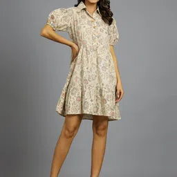 Ravaiyaa Women Floral Print Puff Sleeve Cotton Shirt Mini Dress-image-46