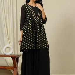 Inddus Polka Dot Embroidered V-Neck Pleated Georgette A-Line Kurta With Sharara image 1